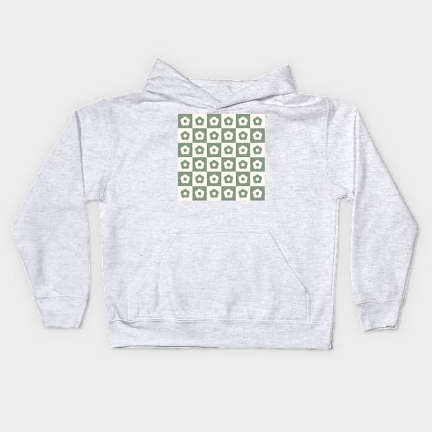 Sage Green Vintage Flower Checkers Kids Hoodie by Carolina Díaz